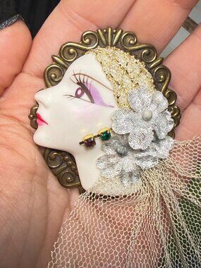 Vintage Hand Painted Porcelain Lady Face Brooch Mesh Veil Bronze Tone 4.25"